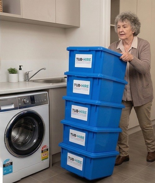 Reusable plastic moving tubs stacked in Melbourne home - TubHire