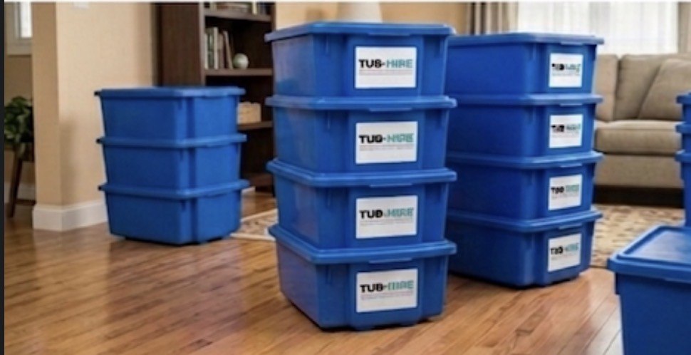 Blue TubHire plastic tubs stacked in living room - Prahran Melbourne