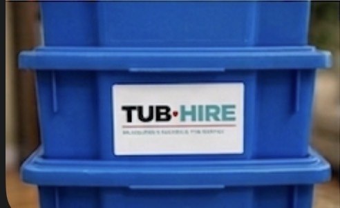 TubHire sticker on reusable plastic moving tub - Prahran Melbourne