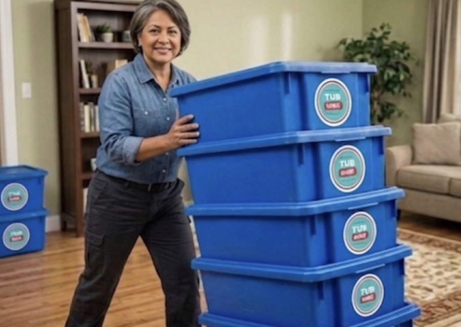 Woman with stacked reusable moving tubs - TubHire Prahran Melbourne